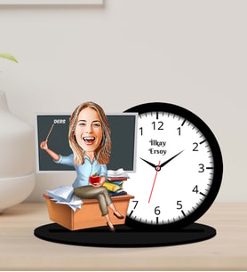 Kişiye Özel Karikatürlü Öğretmen Ahşap Biblo Masa Saati