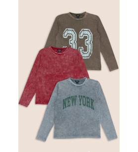 3'lü Baskılı Bordo Gri Kahverengi Yıkamalı Uzun Kol Tshirt
