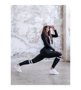 Alt Bacağı Çift Beyaz Şeritli Siyah Ekstra Yüksek Bel Toparlayıcı Spor Tayt
