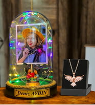 Size Özel Renkli Led Işıklı Fanus ve Zümrüdü Anka Kuşu Kolyesi - Premium Hediye Seti (Model 6)