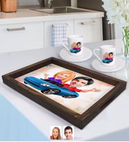 BK Gift Kişiye Özel Sevgililer Karikatürlü Doğal Ahşap Tepsi ve 2’li Kahve Fincan Seti-52