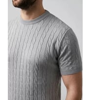 Erkek Yazlık Triko Dokuma Tişört Kısa Kol Bisiklet Yaka Örgü Desenli T-Shirt - Gri