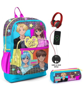 Coral High Mavi Pembe Anime USB Soketli Okul Çantası ve Kalemlik Seti - Kız Çocuk