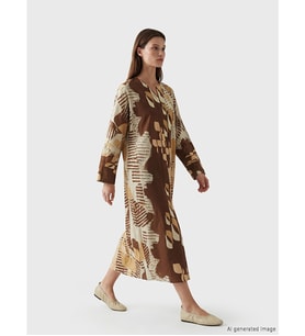 LCW Modest Kahverengi V Yaka Etnik Desenli Kaftan Elbise