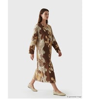 LCW Modest Kahverengi V Yaka Etnik Desenli Kaftan Elbise