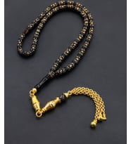 Premium Pirinç İşlemeli Siyah Sıkma Kehribar Tesbih Gold Detaylı Püsküllü Bilek Boy Özel Tasarım