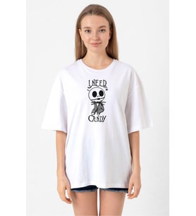 Jack Skellington I Need Candy Beyaz Kadın Oversize Tshirt