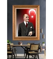 Altın Varaklı Çerçeveli Paspartulu Atatürk Tablo TR1282 (Gold)