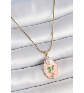316L Çelik Gold Renk Zincir Pembe Mineli Oval İncili Çiçek İşlemeli Portre Mod - EEEEEE8228-1