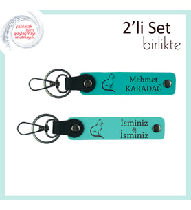 Minnoş Kalplerin Kombini, Kedi Temalı, Kişisel Yazılı Deri Anahtarlık, Koyu Turkuaz-Turkuaz