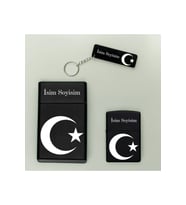 Ay Yıldız Desenli Kişiye Özel İsimli Metal Tabaka, Benzinli Çakmak Ve Pleksi Anahtarlık Seti (Siyah)