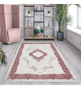 Bordo Çerçeve Osmanlı Motifler Yıkanabilir Kaymaz Taban Leke Tutmaz Modern Salon Halısı ve Yolluk