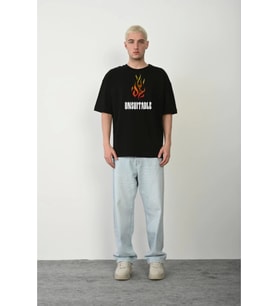 Unisex Bisiklet Yaka Baskılı Oversize T-Shirt - Siyah