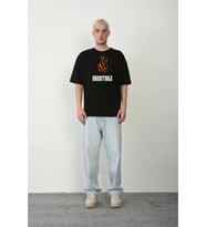 Unisex Bisiklet Yaka Baskılı Oversize T-Shirt - Siyah