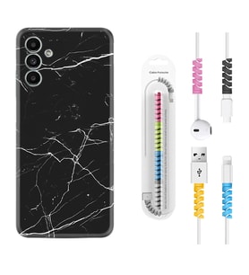 Samsung A23 A31 A32 A50 A51 A52 A53 A70 Kılıf Kablo Koruma Spiral Silikon Siyah Mermer 1299