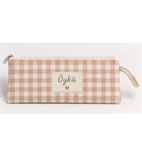 Kişiye Özel Pembe Ekose Etiket Baskılı Fermuarlı Clutch El Çantası Makyaj Çantası