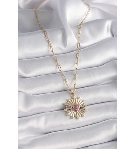 316L Çelik Gold Renk Pembe Zirkon Taşlı Kalp İşleme Madalyon Model Kadın Kolye - HPSBYI4731-7
