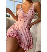 Kadın Pembe Kiraz Baskılı Mini Elbise Askılı Şık Elbise