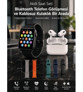 Bluetooth Telefon Görüşmeli Akıllı Saat Seti Kablosuz Bluetooth Kulaklık 7 Değiştirilebilir Kordon
