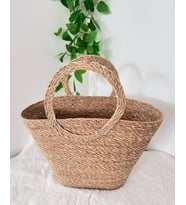 Dekoratif Kulplu Hasır Sepet Plaj Çanta Sele 40x22cm (KAHVE)