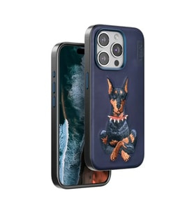 Northcity iPhone 15 Pro Max ile Uyumlu Perma Desenli Kapak - Lacivert Deri Görünümlü Köpek Figürlü Şık Telefon Kılıfı