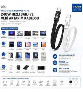 Bix T5CC-WT Beyaz 1 Metre 240W Type-C to Type-C Örgülü Hızlı Şarj ve Data Kablosu, 480Mbps 240W Type C Turbo Şarj Kablosu, (Tüm Type C Telefon ve Tabletlerle Uyumludur) (Max 48V 5A)