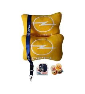 Opel Uyumlu Nakışlı Sarı Polar Ortopedik Seyahat Boyun Yastık / Mavi Oto Ayna Askısı