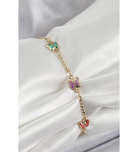 Pirinç Gold Renk Karışık Renk Kelebek Zirkon Taşlı Kadın Bileklik 5886 - SSSSSS1512-7769