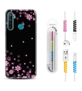 Realme 5i 5 Pro 6i 7 Pro 8 Kılıf Kablo Koruma Spiral Silikon Black flowers 1391