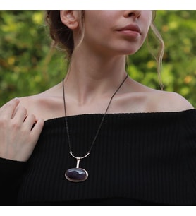 Oval Ametist Taşlı Zinciri Oksitli Otantik Gümüş Kolye