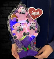 Renkli Led Işıklı Seni Seviyorum Pembe Ayıcıklı Premium Peluş Ayıcık Buketi (Model 2)