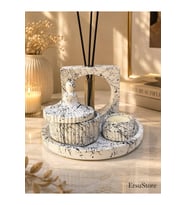 Mermer Desen Vernikli Kokulu Soya Mum, Vazo, Tea light Tepsi Ve Siyah Bambu Çubuklu Oda Kokusu