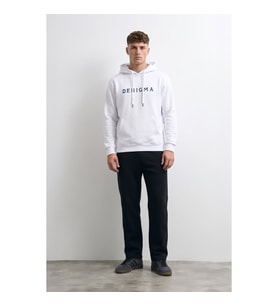 Erkek Kapüşonlu Cepli Yazı Baskılı Beyaz Sweatshirt