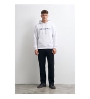 Erkek Kapüşonlu Cepli Yazı Baskılı Beyaz Sweatshirt