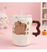 Sevimli Kapibara Desenli Pipetli Kupa – Kawaii Tasarım Kapaklı Bardak