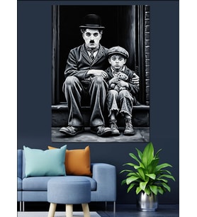 Charlie Chaplin ve Çocuk Dekoratif Kanvas - Mdf Ahşap Tablo