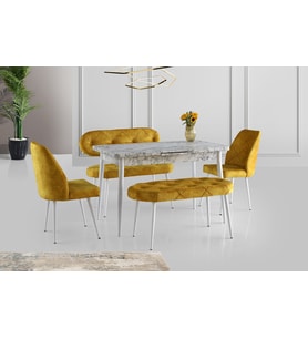 AY MASA VE SANDALYE BENCH TAKIMI, AÇIK HARDAL BEYAZ, 120x70
