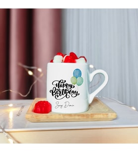Happy Birthday Tasarımlı Ahşap Tabaklı Kişiye Özel Türk Kahvesi Fincanı