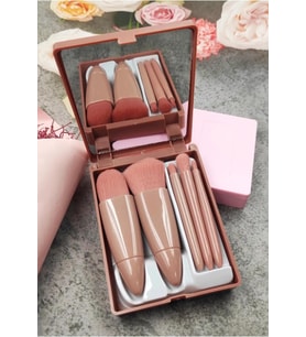 C005 Taşınabilir 5 Parçalı Aynalı Profesyonel Makyaj Fırça Seti - Taşınabilir Mini 10.5Cm Bakır Renk