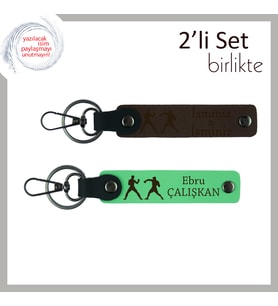 Dövüş Sanatçısına Armağan, Knockout Desenli, Kişisel Yazılı Anahtarlık Seti, Koyu Kahve-Fıstık Yeşil