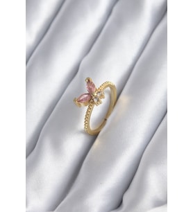 Gold Renk Pembe Zirkon Taşlı Kelebek Model Kadın Yüzük