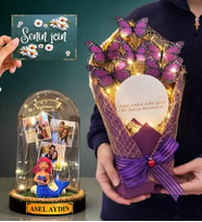 Kişiye Özel Muhteşem Hediye Seti Led Işıklı Fanus ve Led Işıklı Aynalı Kelebek Buketi (Model 7)