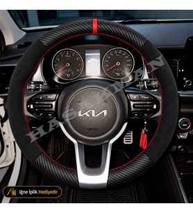Kia Rio Dikme Direksiyon Kılıfı Alcantara Süet Mat Karbon Kırmızı Yüzük ve Dikiş YB Son Seri-Elegance 2021-2024