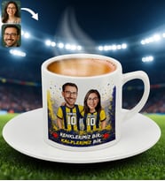 BK Gift Kişiye Özel İsimli Sarı-Lacivert Sevgili Tasarımlı Türk Kahvesi Fincanı-1, Doğum Günü Hediyesi, Taraftar Hediyesi