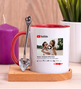Kişiye Özel Youtube Tasarım Fotoğraflı Ahşap Altlıklı Kırmızı Kupa Bardak