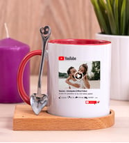 Kişiye Özel Youtube Tasarım Fotoğraflı Ahşap Altlıklı Kırmızı Kupa Bardak