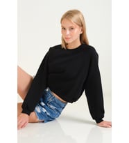 Giyim Dünyası Kadın 3 İp Şardonlu Sıfır Yaka Oversize Sweatshirt Siyah