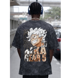 One Piece Monkey D. Luffy Gear 5 Anime Sırt Baskılı Unisex Oversize Eskitme Yıkamalı Tişört