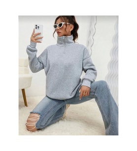 Unisex Uzun Kol Yarım Farmuarlı Yakalı Basic SweatShirt - Gri