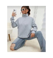 Unisex Uzun Kol Yarım Farmuarlı Yakalı Basic SweatShirt - Gri